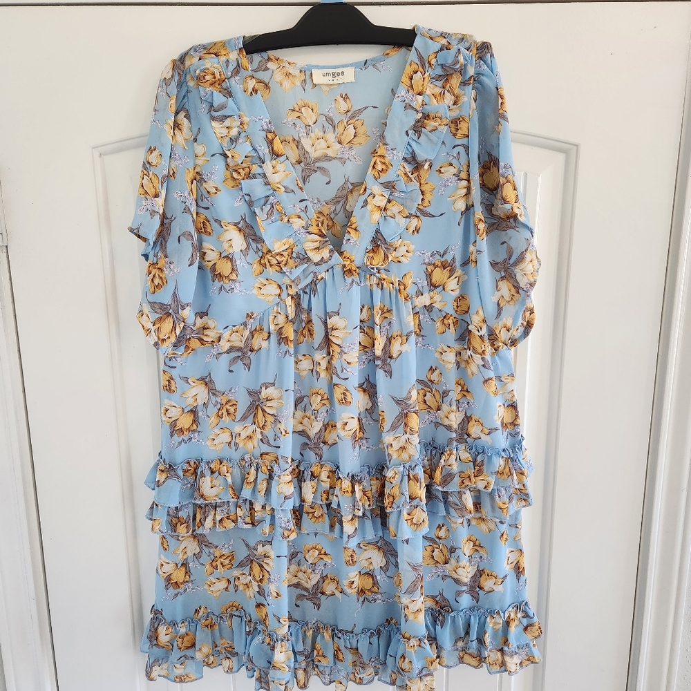 Umgee Light Blue and Yellow Floral Ruffle Mini Dress